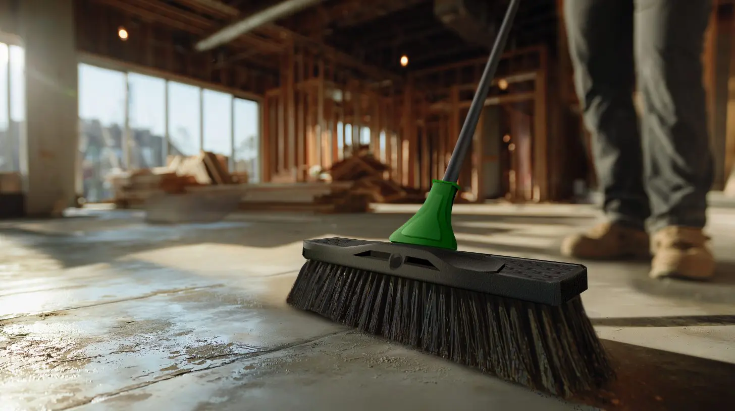 A broom being pushed on a concrete floor
